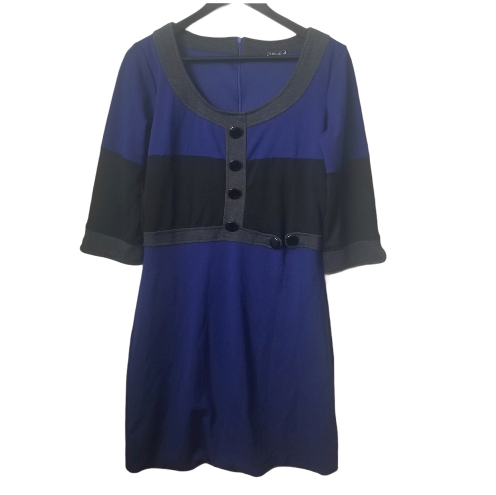 Womens blue grey & black color block a-line dress